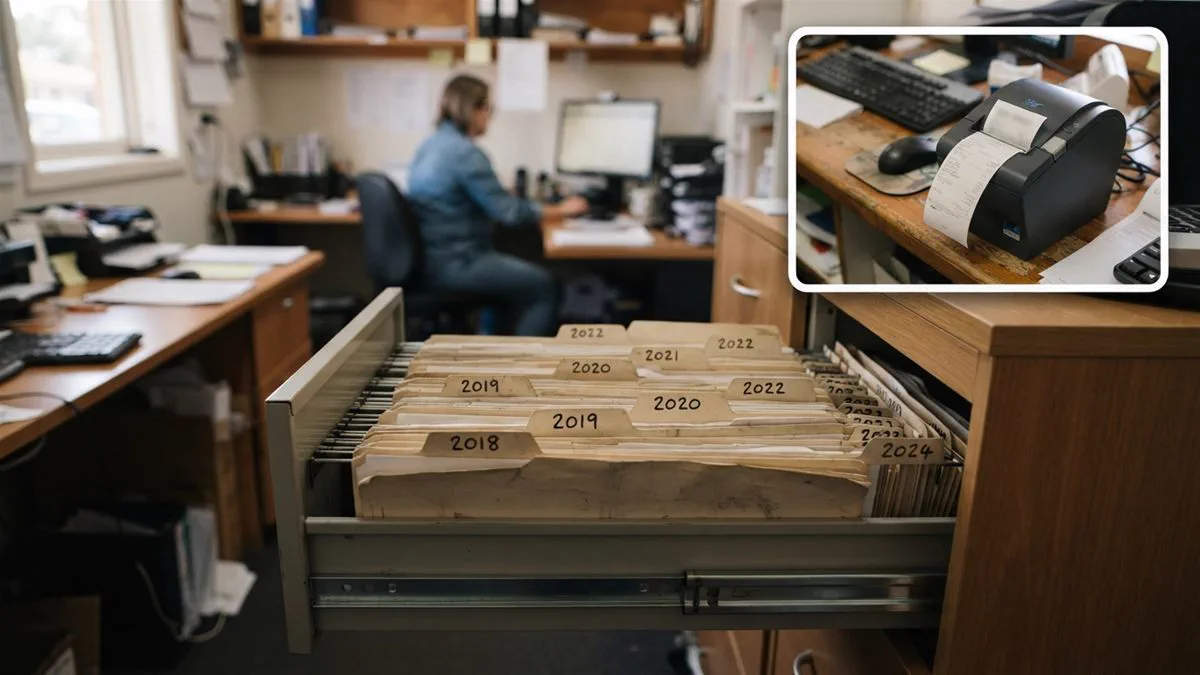 A filing drawer of time and wages records in a small business office